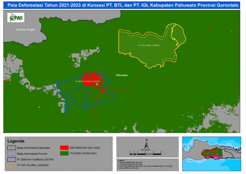 Peta deforestasi di konsesi PT BTL dan PT IGL Kabupaten Pohuwato. (Sumber: FWI)