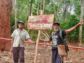 Vincent Kwipalo (kanan) dalam aksi protes masyarakat adat marga Kwipalo terhadap ekspansi perusahaan perkebunan tebu PT MNM di tanah adatnya, Merauke, Papua. Dok. Istimewa