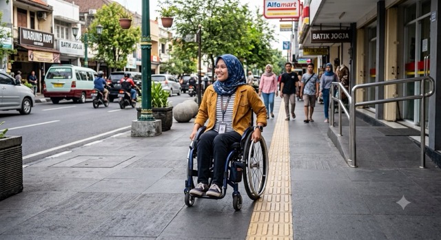 ilustrasi seorang penyandang disabilitas sedang berjalan di trotoar. (Foto: Gemini)