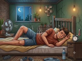 Ilustrasi orang susah tidur akibat perubahan iklim. (Foto: IA Gemini)