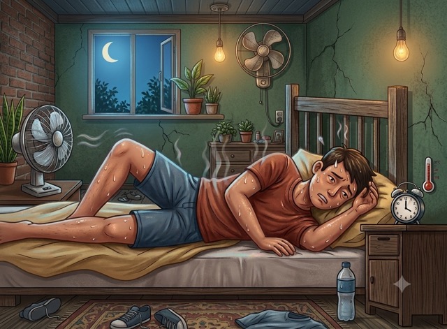 Ilustrasi orang susah tidur akibat perubahan iklim. (Foto: IA Gemini)